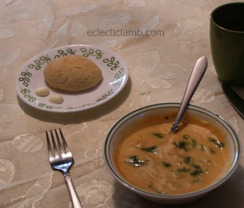 Egg shaped bread and butter soup