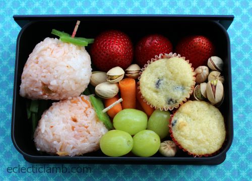 Strawberry rice in book bento box