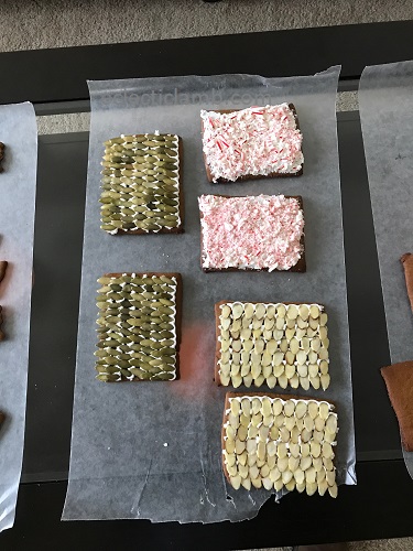 pumpkin seed, candy cane, almond gingerbread roof