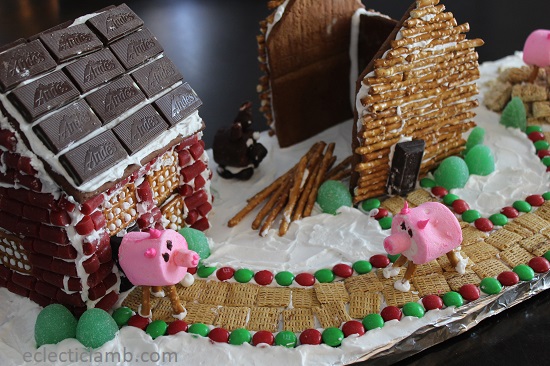 Brick and Stick Gingerbread Houses with Pigs