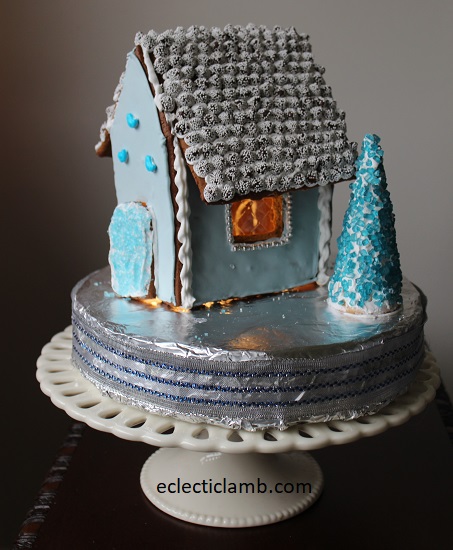 Small Blue Gingerbread House on Cake Stand