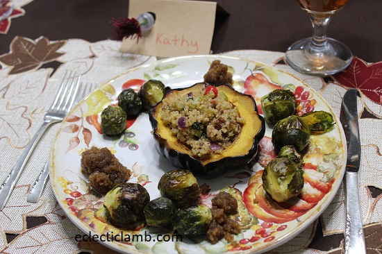 Quinoa Stuffed Acorn Squash with Brussel Sprouts and Date Butter